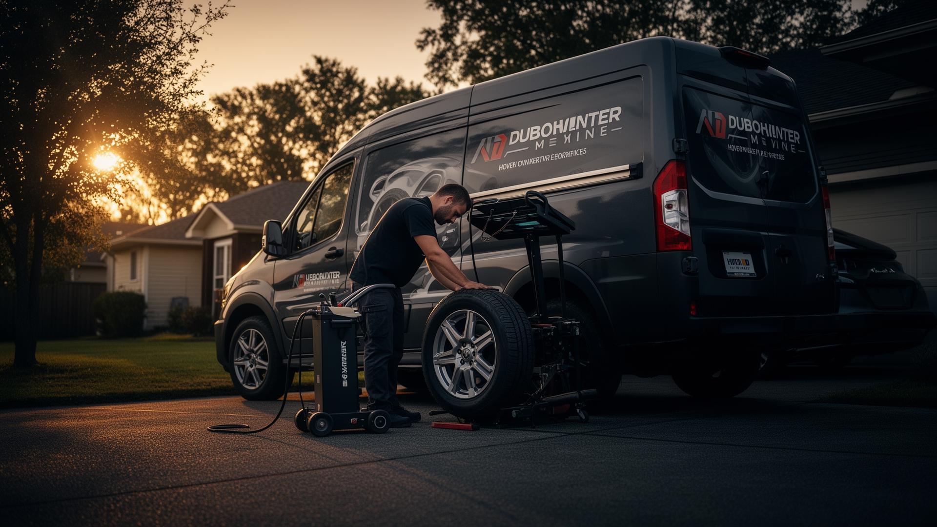 RollOut Mobile Tire technician servicing a vehicle in a driveway